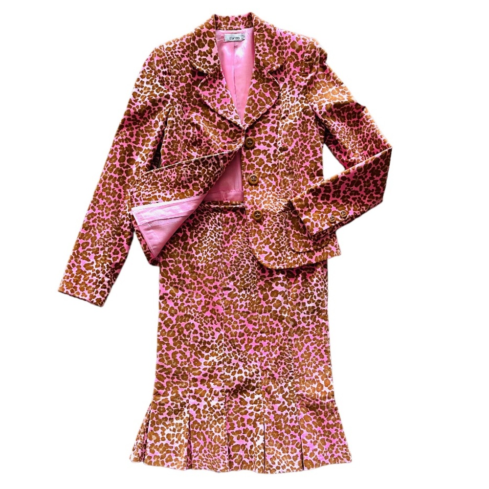 🔴 🇪🇸 SPAIN BLANCO PINK VELVET ANIMAL PRINT CHEETAH 2 PIECE SKIRT & JACKET SET - Picture 1 of 8